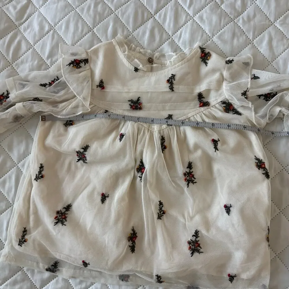 Zara Girls Embroidered Mesh Blouse Size 6 (116) Ivory Floral Tiered Sleeve Sheer